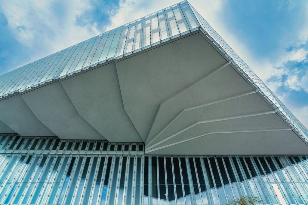 Oslo Main Library shown from the ground and up